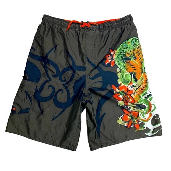 Bathing Suit Khaki Tribal Cobra Snake Pattern Swim Trunks Pool Beach Water Short - Picture 1 of 11